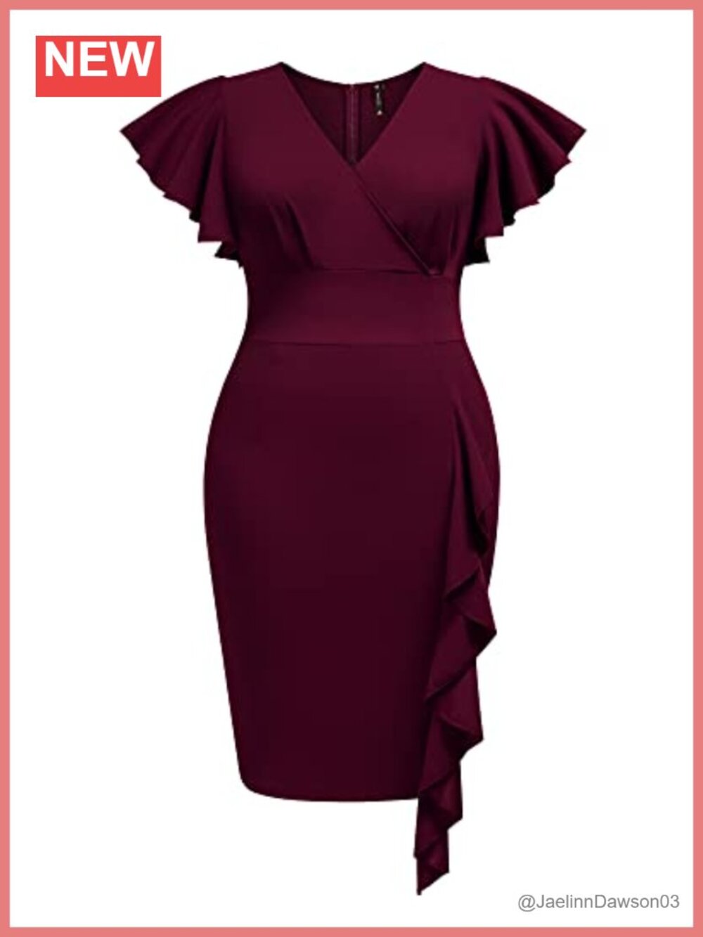 Plus Size Bodycon Midi Cocktail Dress Ruffle Sleeve Work Party